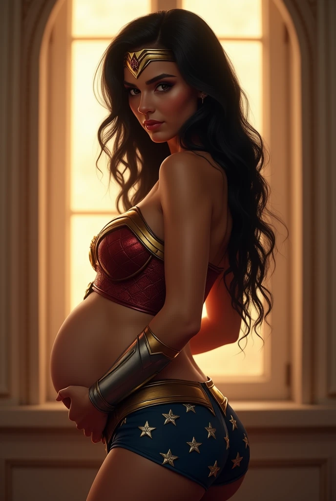 A stunning portrait of Wonder Woman pregnant, holding her belly, young and beautiful, hyper realistic, real portrait, backlit, exquisite features, cleavage, sexy, seductive, window, natural light, soft light