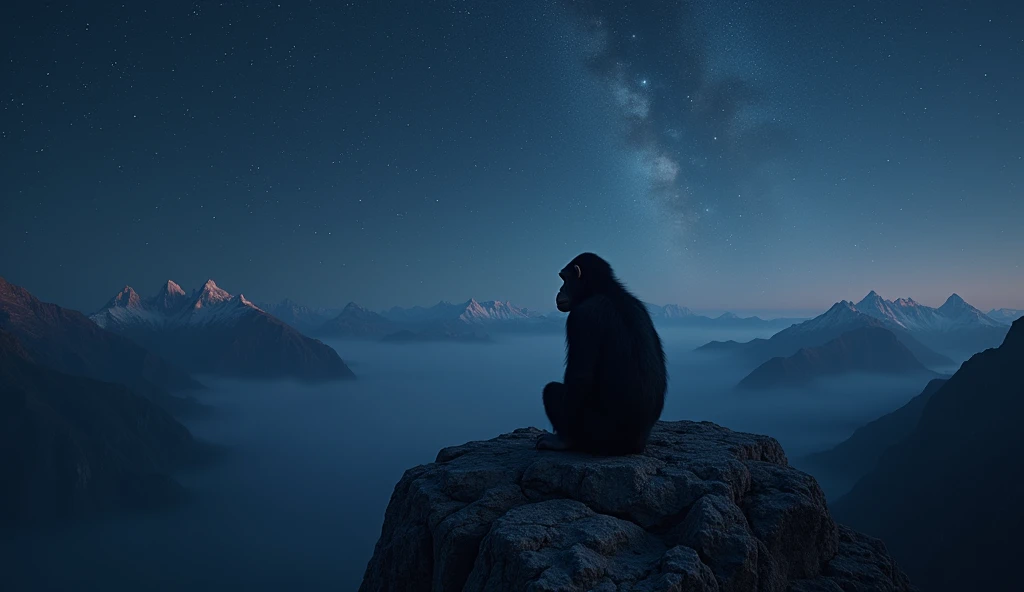 words "MESSIER" written in large letters with the font "bauhaus" At the bottom of the screen, ((masterpiece, of the highest quality, Maximum image quality, High resolution, photorealistic, raw photo, 8k)), ((Extremely detailed 8k unified CG wallpaper)), In the middle of the night, A chimpanzee sits on a rock at the top of a mountain, looking at the stars, He comes up with a new idea about the origin of humanity, view from below,