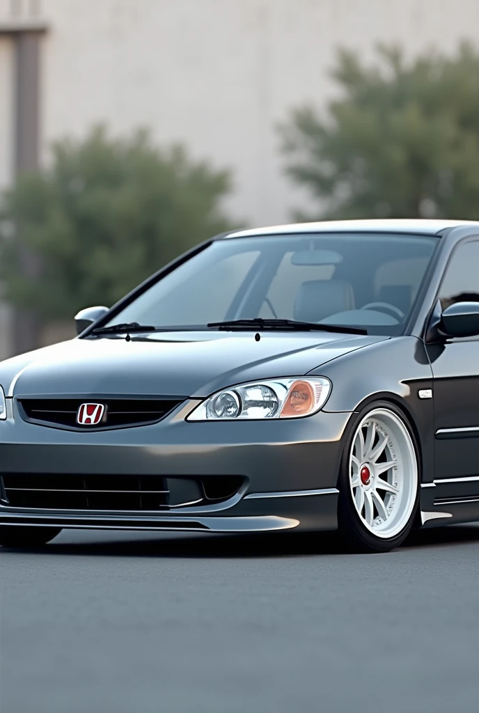 Create a 2006 Honda Civic car in gray with white rims