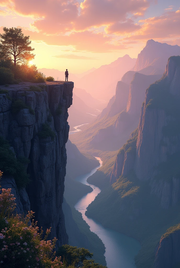 A breathtaking ultra-high-definition 4K digital painting capturing a stunning panoramic view from the edge of a towering cliff, overlooking a lush, serene valley below. The cliff is adorned with wildflowers and rugged, weathered rocks, adding texture and depth to the scene. Far below, a crystal-clear river winds through the valley, reflecting the golden hues of the setting sun. Majestic mountains rise in the distance, their peaks shrouded in a soft, ethereal mist. The sky above is a gradient of warm colors, transitioning from deep orange to soft lavender, with wispy clouds drifting lazily across the horizon. The entire landscape is bathed in the gentle glow of twilight, creating a peaceful and awe-inspiring atmosphere. Every detail is meticulously rendered, from the delicate petals of the wildflowers to the intricate patterns in the river below, making the painting a vibrant celebration of nature’s beauty as seen from this breathtaking vantage point