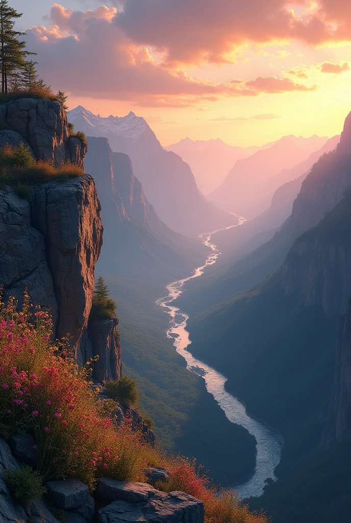 A breathtaking ultra-high-definition 4K digital painting capturing a stunning panoramic view from the edge of a towering cliff, overlooking a lush, serene valley below. The cliff is adorned with wildflowers and rugged, weathered rocks, adding texture and depth to the scene. Far below, a crystal-clear river winds through the valley, reflecting the golden hues of the setting sun. Majestic mountains rise in the distance, their peaks shrouded in a soft, ethereal mist. The sky above is a gradient of warm colors, transitioning from deep orange to soft lavender, with wispy clouds drifting lazily across the horizon. The entire landscape is bathed in the gentle glow of twilight, creating a peaceful and awe-inspiring atmosphere. Every detail is meticulously rendered, from the delicate petals of the wildflowers to the intricate patterns in the river below, making the painting a vibrant celebration of nature’s beauty as seen from this breathtaking vantage point