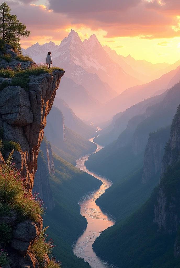 A breathtaking ultra-high-definition 4K digital painting capturing a stunning panoramic view from the edge of a towering cliff, overlooking a lush, serene valley below. The cliff is adorned with wildflowers and rugged, weathered rocks, adding texture and depth to the scene. Far below, a crystal-clear river winds through the valley, reflecting the golden hues of the setting sun. Majestic mountains rise in the distance, their peaks shrouded in a soft, ethereal mist. The sky above is a gradient of warm colors, transitioning from deep orange to soft lavender, with wispy clouds drifting lazily across the horizon. The entire landscape is bathed in the gentle glow of twilight, creating a peaceful and awe-inspiring atmosphere. Every detail is meticulously rendered, from the delicate petals of the wildflowers to the intricate patterns in the river below, making the painting a vibrant celebration of nature’s beauty as seen from this breathtaking vantage point