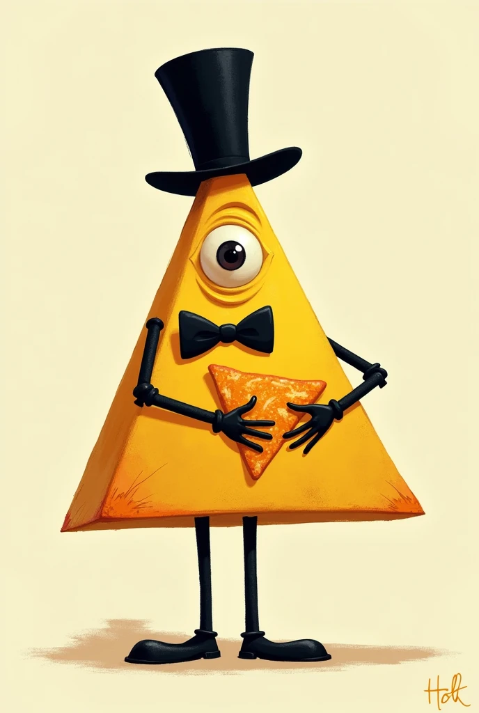 yellow triangle with one eye, 
black bowtie, black tophat and black limbs and eating Doritos with its eye


