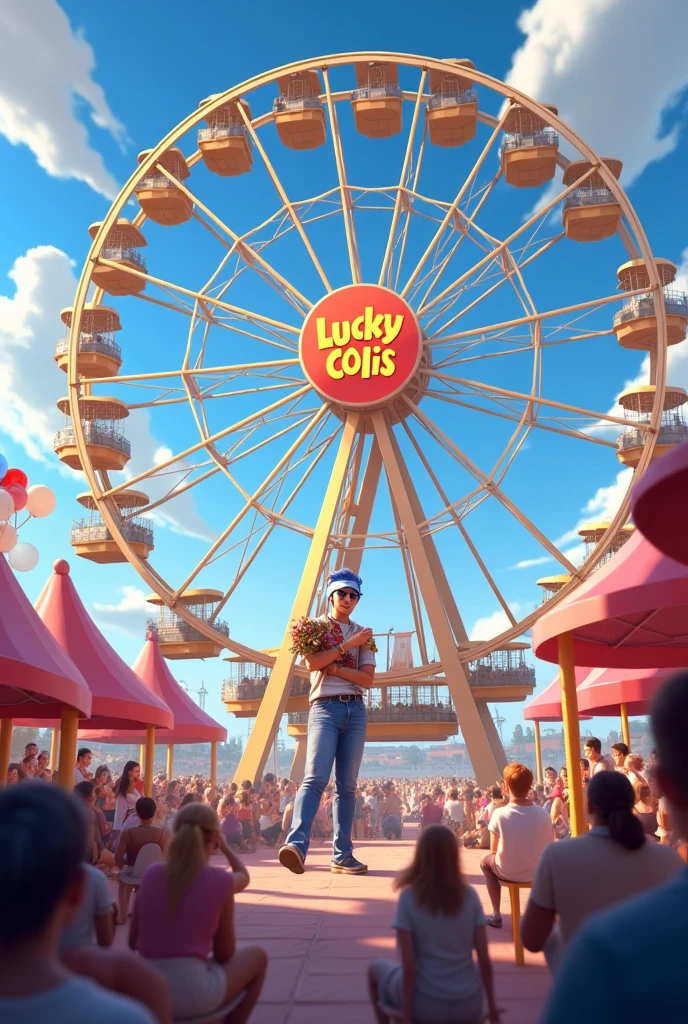 "Une scène avec un présentateur animant un événement festif devant un public debout. Au centre de la scène, il y a une grande roue de la fortune avec le nom 'Lucky Colis' écrit en gros au-dessus. Sur les côtés, des stands où les gens peuvent acheter des colis au poids. L'ambiance est joyeuse et animée, avec de la musique et des décorations festives."
Éléments clés à inclure :
Un présentateur ou animateur sur scène
Un public enthousiaste et debout
Une grande roue de la fortune au centre avec le texte "Lucky Colis" bien visible au-dessus
Des stands ou kiosques où les gens peuvent acheter des colis au poids
Une atmosphère festive, avec de la musique et des décorations