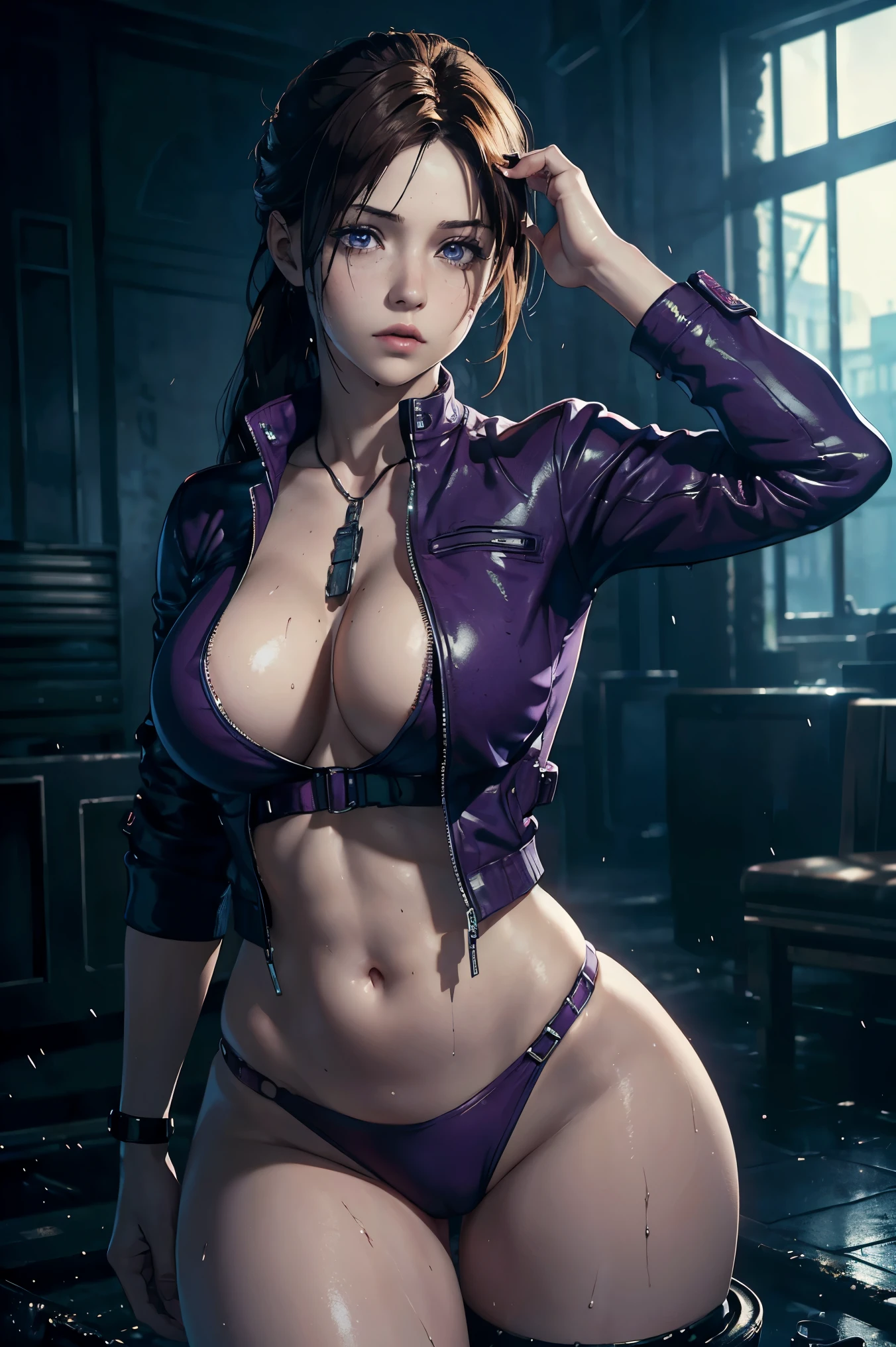 Best Quality, masterpiece ,a beautiful girl,((Claire redfield)), beautiful, ultra realistic,All the details, High resolution, Brainwashed facial expression, (brainwashing), attractive, beautiful, ((Wear purple clothes)), ((((Mind control device on his chest.))),transparent thighs, jacket, big breasts, big hips,big butt, Full body parts clearly visible, standing and spreading your legs, sexy poses,full body shot,Wet, oily body, good body shape, ghost town in the background,resident evil theme