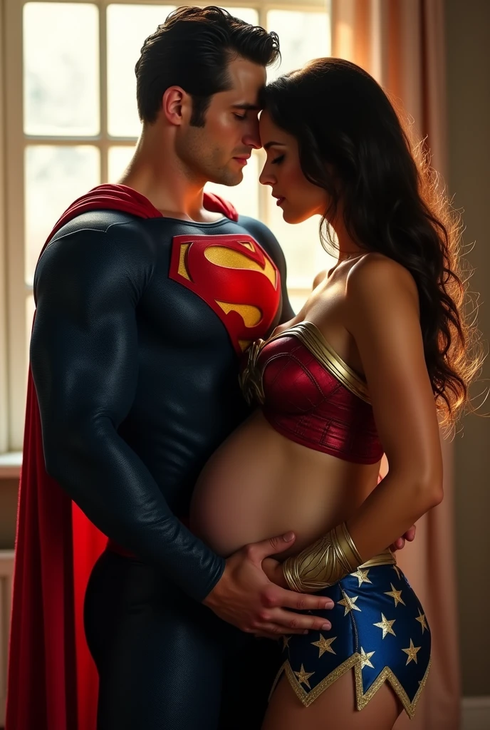 A stunning portrait of superman holding Wonder Woman, she is pregnant, holding her belly, young and beautiful, hyper realistic, real portrait, backlit, exquisite features, cleavage, sexy, seductive, window, natural light, soft light