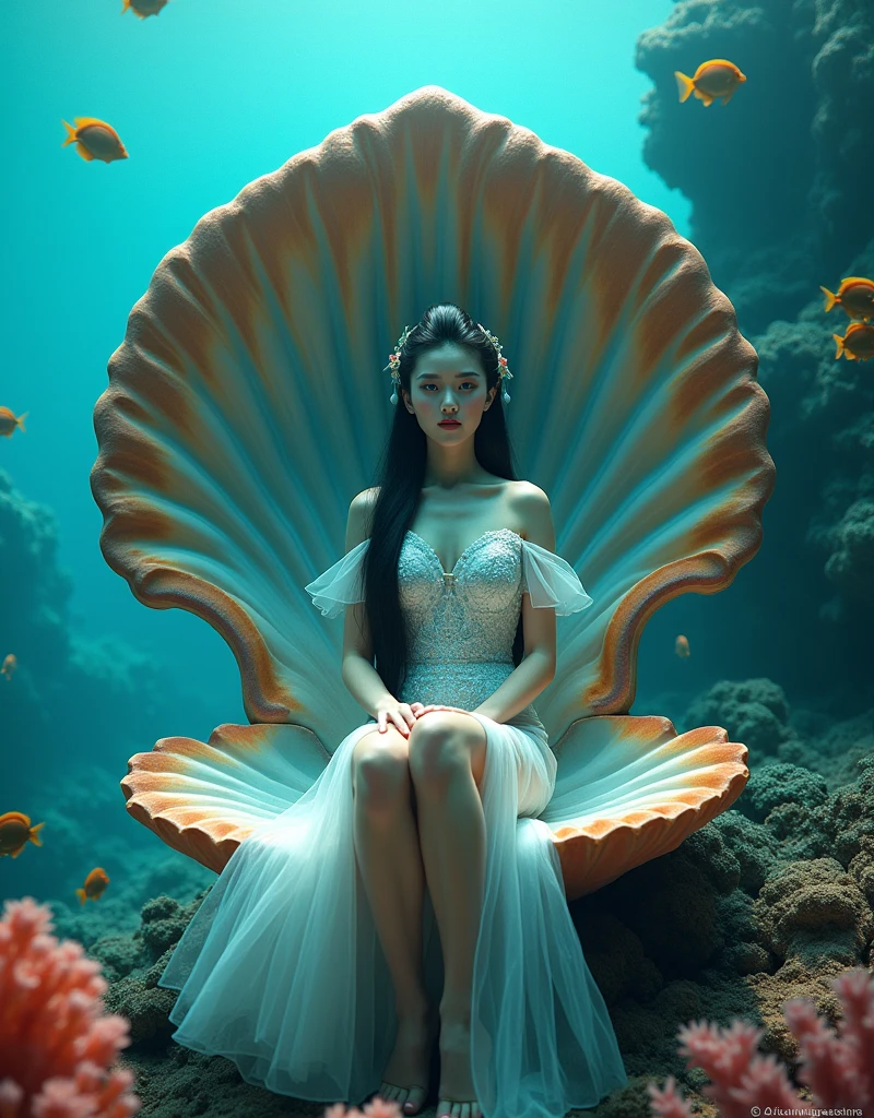 A beautiful woman, dressed in short cheongsam, beautiful decoration and fine grain, black hair, updo hair, hair pin on the head, blue eyes, sitting underwater on a huge scallop surrounded by colored coral, the inner wall of the scallop is colored, like a throne, and there are fish swimming around her, this picture is a realistic photo, with super detail, With cinematic lighting and cinematography, it depicts the entire body of an Asian girl, shot from a wide Angle