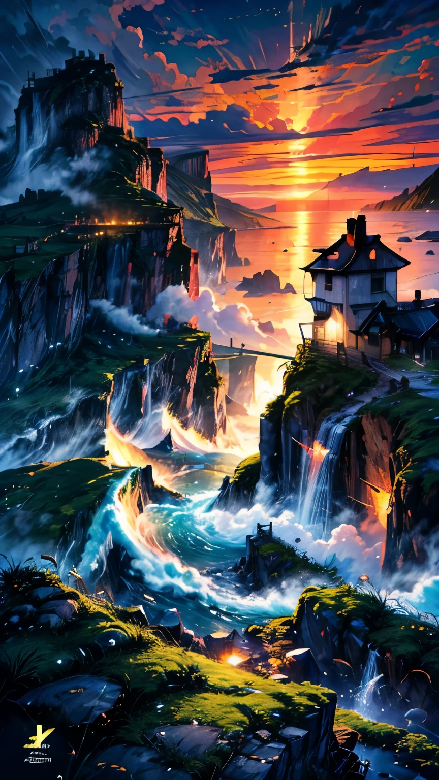 "A breathtaking ultra-high-definition 4K digital painting of a lone lighthouse perched on the edge of a rugged cliff, overlooking a vast, stormy ocean. The lighthouse emits a powerful beam of light that pierces through the dark, swirling clouds, guiding ships safely through the turbulent waters below. Waves crash violently against the rocks, sending sprays of mist into the air, while the sky is illuminated by occasional flashes of lightning. The cliffside is dotted with patches of hardy grass, clinging to the earth amidst the chaos. The entire scene is a dramatic and intense portrayal of nature’s raw power, with intricate details that capture the relentless force of the storm and the steadfast strength of the lighthouse standing against it."