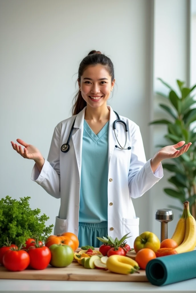  image of a nutritionist showing elements of health food, gym equipment for loss of weights and exercises. Please do not include any text such as words or numbers. Format 16:9 and jpg.