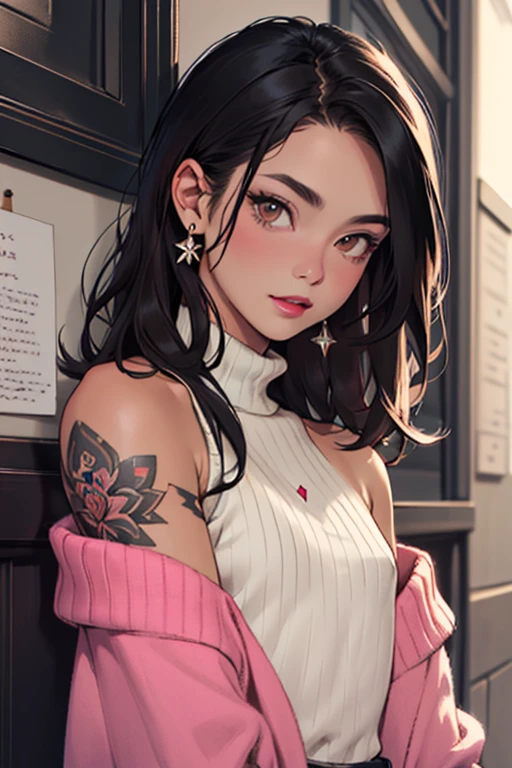 ((best quality)), ((masterpiece)), (detailed), 1girl, off-shoulder sweater, black hair, brown eyes, matte pink lips, left shoulder tattoo, body, small chest, alluring