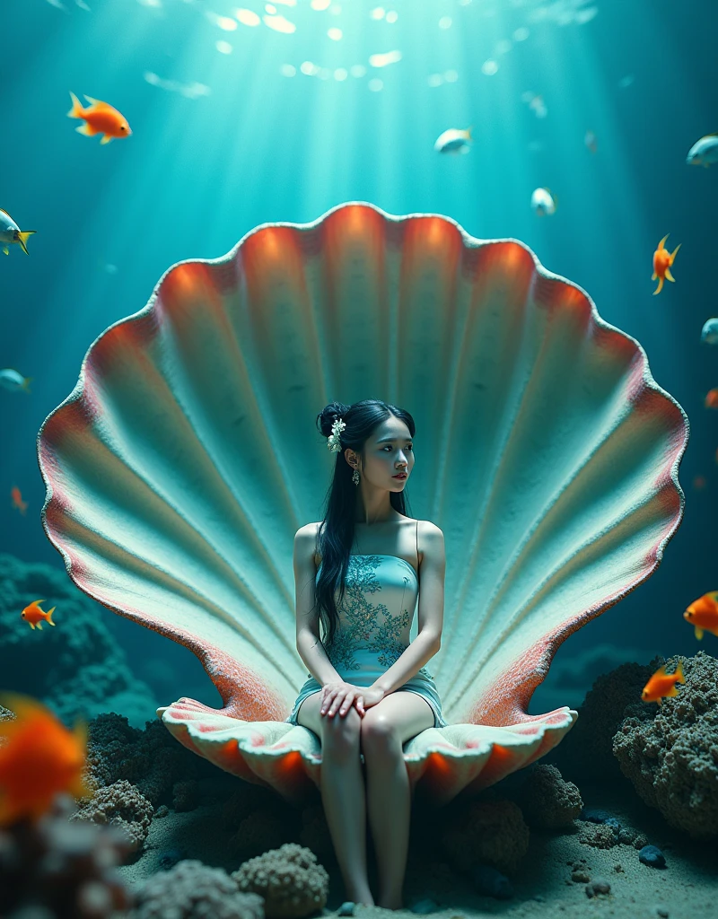 A beautiful woman, dressed in short cheongsam, beautiful decoration and fine grain, black hair, updo hair, hair pin on the head, blue eyes, sitting underwater on a huge scallop surrounded by colored coral, the inner wall of the scallop is colored, like a throne, and there are fish swimming around her, this picture is a realistic photo, with super detail, With cinematic lighting and cinematography, it depicts the entire body of an Asian girl, shot from a wide Angle