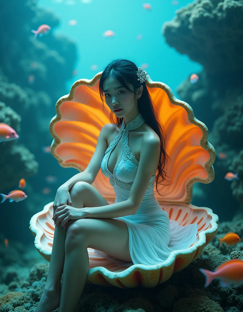 A beautiful woman, dressed in short cheongsam, beautiful decoration and fine grain, black hair, updo hair, hair pin on the head, blue eyes, sitting underwater on a huge scallop surrounded by colored coral, the inner wall of the scallop is colored, like a throne, and there are fish swimming around her, this picture is a realistic photo, with super detail, With cinematic lighting and cinematography, it depicts the entire body of an Asian girl, shot from a wide Angle