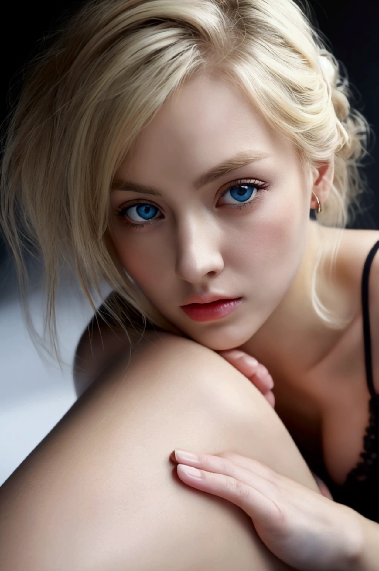 (masterpiece), anime, Best quality, good anatomy, one girl, (on your knees), blue eyes, Big breasts, realistic face, gloomy face, Looking down, blonde hair, ponytail, a strand of hair covers the left eye:1, navel ,bare shoulders, tight black top, black pants, tall legs, beautiful legs, gym, Reflectors, 8K masterpiece, super detail, film movie, best quality, best ditails, detailed face, detailed eyes, camera from bellow