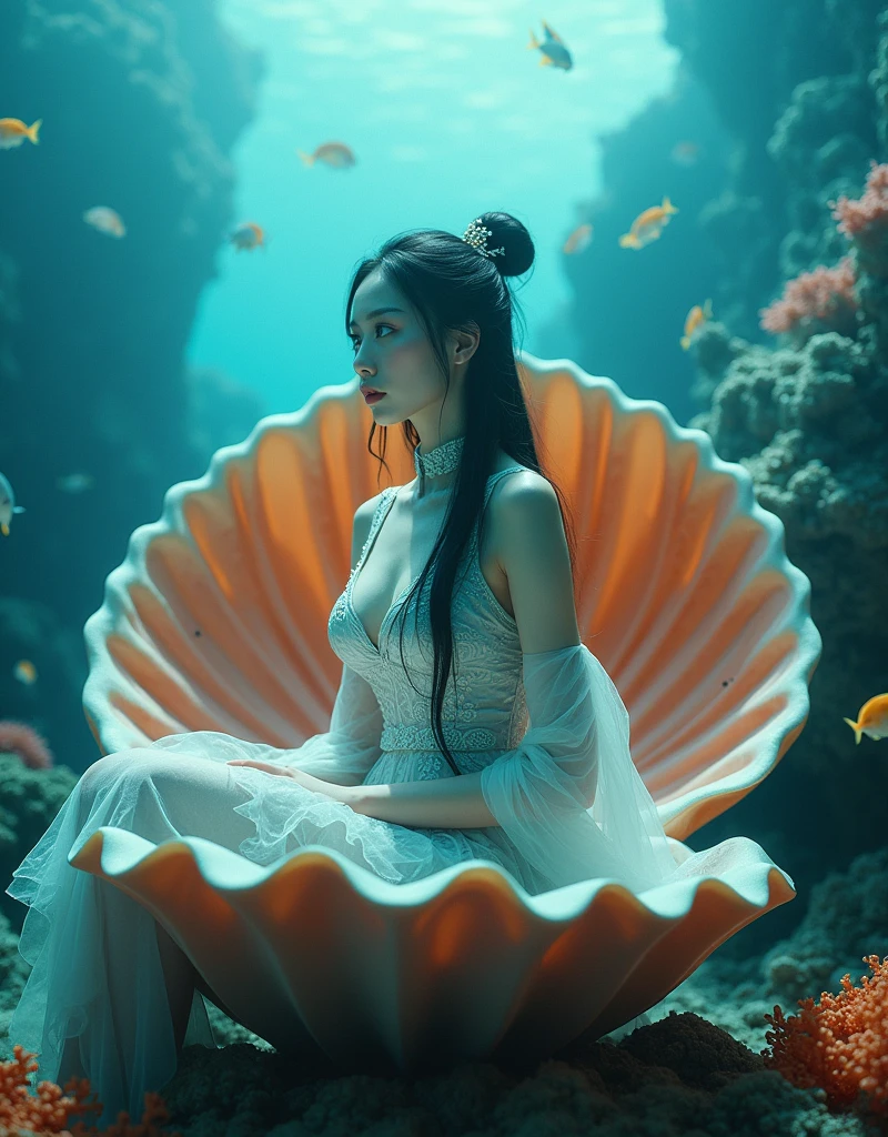 A beautiful woman, dressed in short cheongsam, beautiful decoration and fine grain, black hair, updo hair, hair pin on the head, blue eyes, sitting underwater on a huge scallop surrounded by colored coral, the inner wall of the scallop is colored, like a throne, and there are fish swimming around her, this picture is a realistic photo, with super detail, With cinematic lighting and cinematography, it depicts the entire body of an Asian girl, shot from a wide Angle