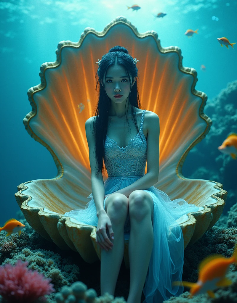 A beautiful woman, dressed in short cheongsam, beautiful decoration and fine grain, black hair, updo hair, hair pin on the head, blue eyes, sitting underwater on a huge scallop surrounded by colored coral, the inner wall of the scallop is colored, like a throne, and there are fish swimming around her, this picture is a realistic photo, with super detail, With cinematic lighting and cinematography, it depicts the entire body of an Asian girl, shot from a wide Angle