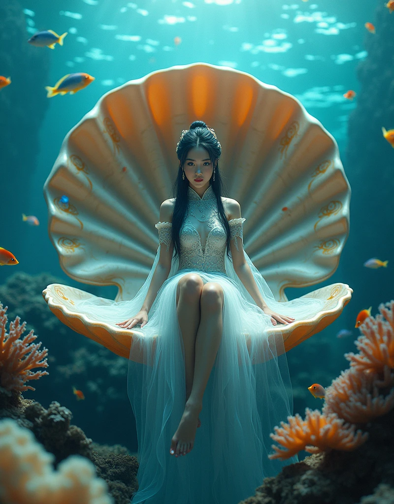 A beautiful woman, dressed in short cheongsam, beautiful decoration and fine grain, black hair, updo hair, hair pin on the head, blue eyes, sitting underwater on a huge scallop surrounded by colored coral, the inner wall of the scallop is colored, like a throne, and there are fish swimming around her, this picture is a realistic photo, with super detail, With cinematic lighting and cinematography, it depicts the entire body of an Asian girl, shot from a wide Angle