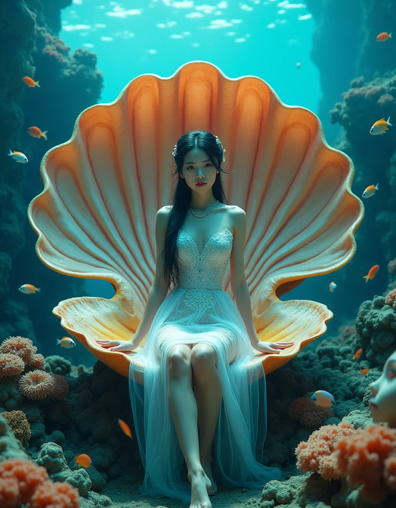 A beautiful woman, dressed in short cheongsam, beautiful decoration and fine grain, black hair, updo hair, hair pin on the head, blue eyes, sitting underwater on a huge scallop surrounded by colored coral, the inner wall of the scallop is colored, like a throne, and there are fish swimming around her, this picture is a realistic photo, with super detail, With cinematic lighting and cinematography, it depicts the entire body of an Asian girl, shot from a wide Angle