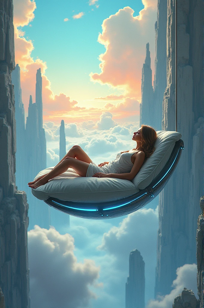 Create an image of a woman in a flying elevator lying down
