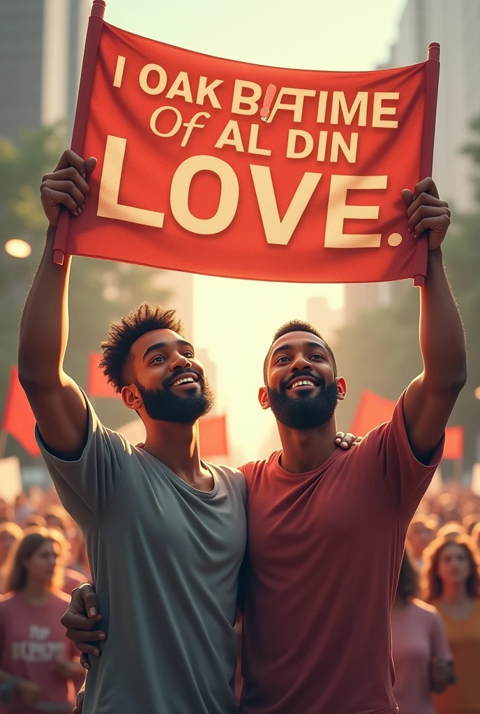 Generate image of two men holding hands, one white and one black , and the two holding a banner that says love does not understand races or ideologies 