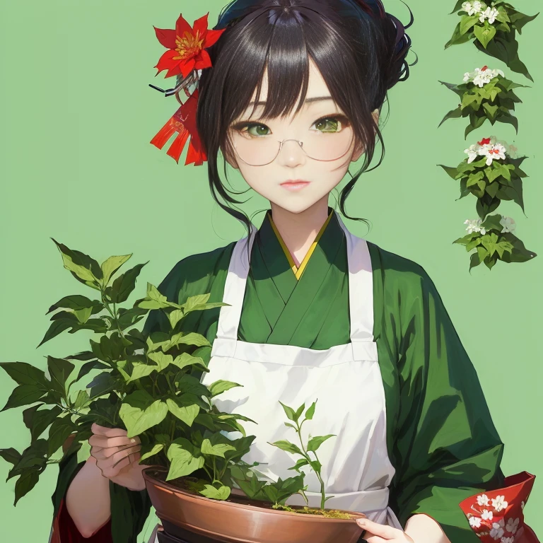 anime girl with green eyes holding a potted plant with red flowers, hoshino yukinobu, mitsumayo, anime moe artstyle, inspired by Nishikawa Sukenobu, shikamimi, sage ( valorant ), inspired by Miyagawa Shunsui, harumi, shinsui ito, nishimiya shouko, tanjiro kamado