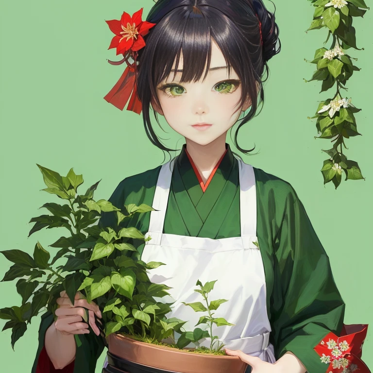 anime girl with green eyes holding a potted plant with red flowers, hoshino yukinobu, mitsumayo, anime moe artstyle, inspired by Nishikawa Sukenobu, shikamimi, sage ( valorant ), inspired by Miyagawa Shunsui, harumi, shinsui ito, nishimiya shouko, tanjiro kamado