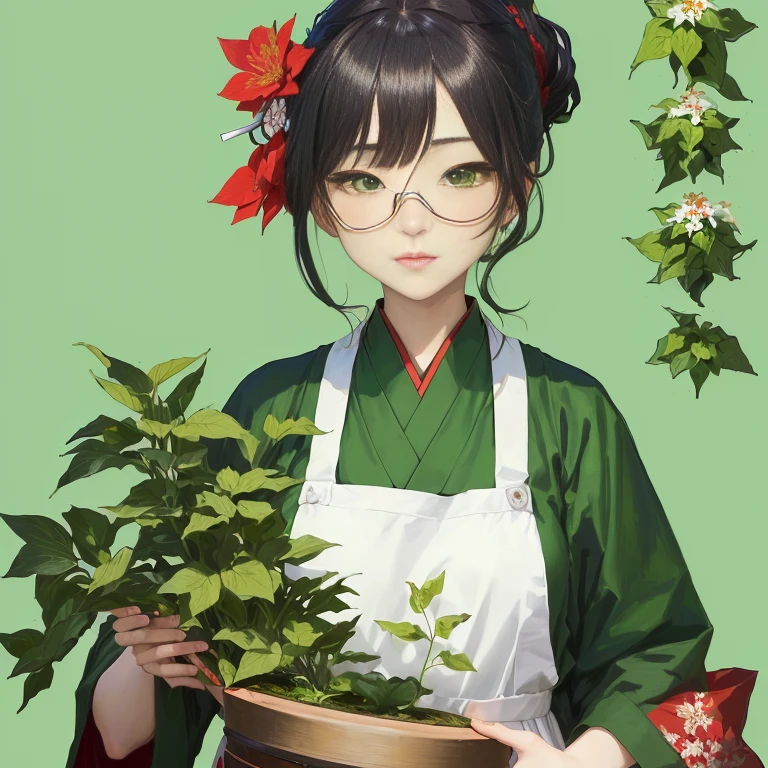 anime girl with green eyes holding a potted plant with red flowers, hoshino yukinobu, mitsumayo, anime moe artstyle, inspired by Nishikawa Sukenobu, shikamimi, sage ( valorant ), inspired by Miyagawa Shunsui, harumi, shinsui ito, nishimiya shouko, tanjiro kamado