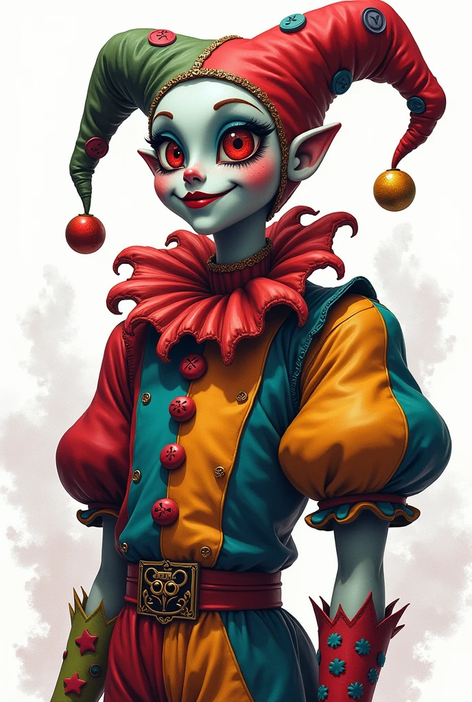 pomni, multicolored clothes, jester cap, puffy short sleeves, gloves, buttons, colored skin, symbol-shaped pupils, red eyes, blue eyes, white background, scenery, ink, light smile,
