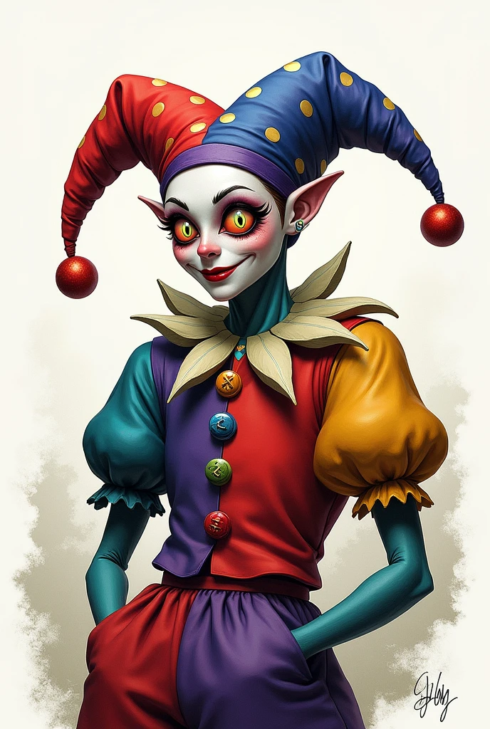 pomni, multicolored clothes, jester cap, puffy short sleeves, gloves, buttons, colored skin, symbol-shaped pupils, red eyes, blue eyes, white background, scenery, ink, light smile,