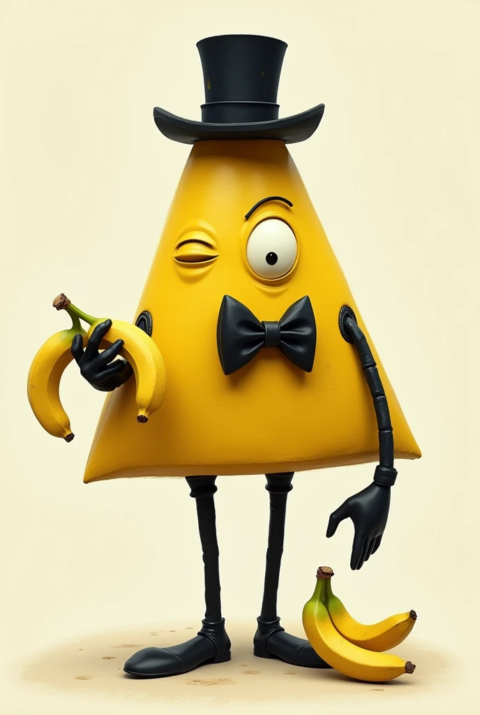 yellow triangle with one eye,
black bowtie, black tophat and black limbs and eating bananas