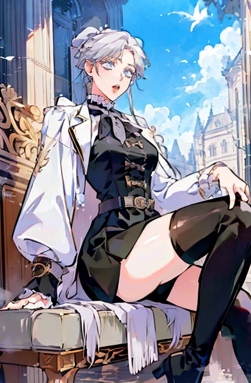 anime - (masterpiece), best quality, seductive eyes, mature face, short straight white hair, black thigh high boots, skirt, white coat, full body, tall woman, long legs, adult-like female, 1girl, determined face, victorian era,