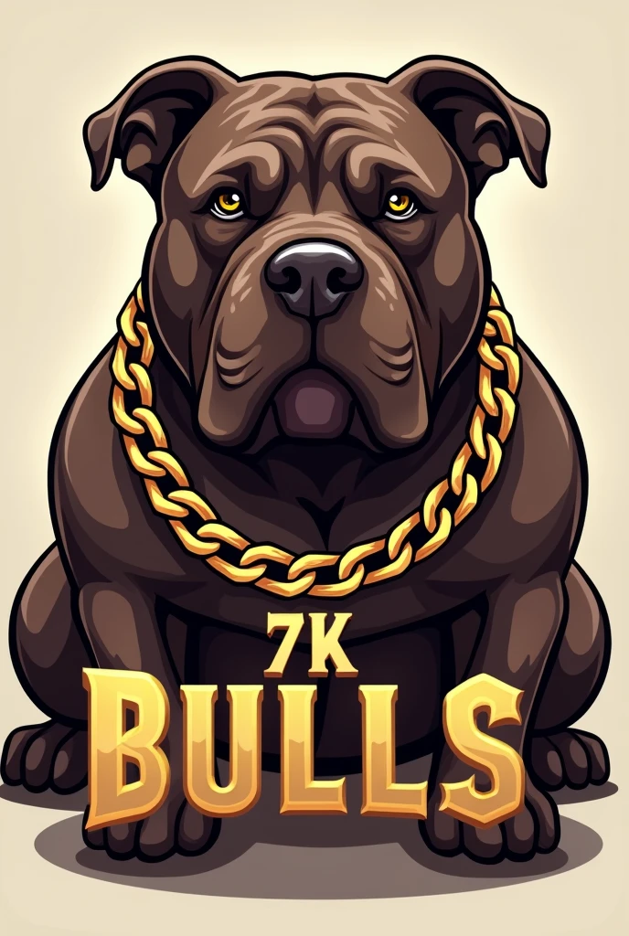 Generate a logo for a breeder of chocolate-colored exotic American Bullys that is muscular, extra muscular, the dog has a big head and short, cropped ears that has gold chains and has the 7K That has gold things that is striking, the name is 7K Bulls. Add the name of the breeder to that dog that you generated. 