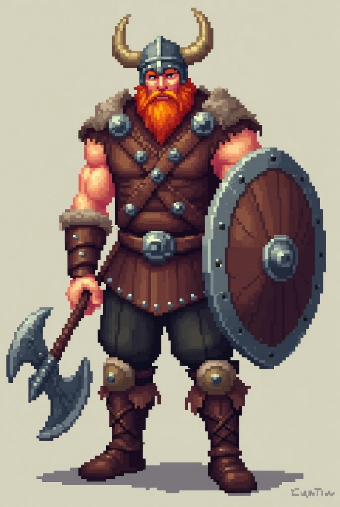 Create a pixel art spritesheet of a Viking character in an idle stance. Use a consistent pixel art style with vibrant colors, and depict the Viking in traditional attire with a helmet, shield, and axe