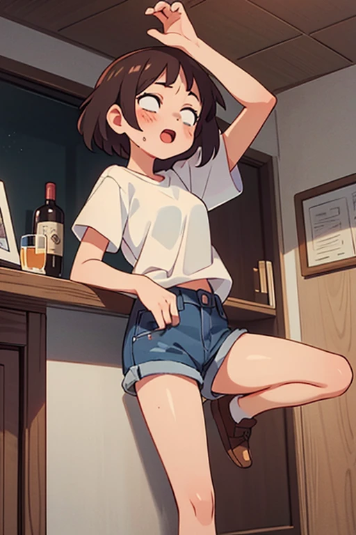1girl, drunk, white shirt, jeans shorts, shorts leg, sexy