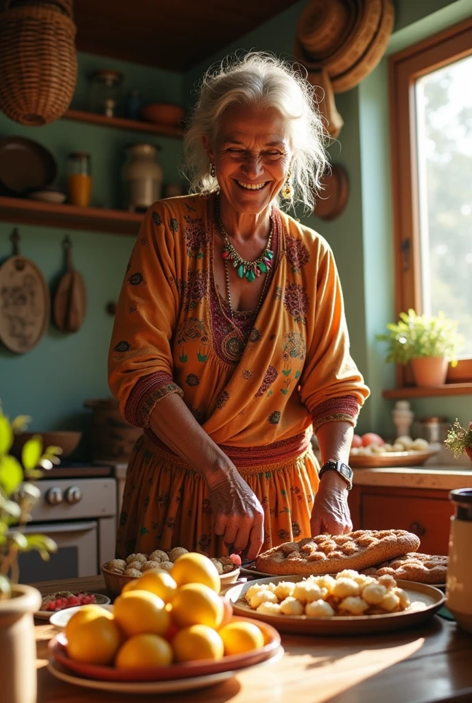 67-year-old lady of Mexican nationality, which is hippie and bohemian, clean up after breakfast