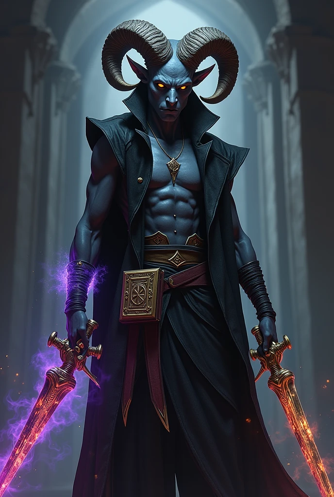 Dark-black skinned Tiefling male. One pearlescent eye and one yellow eye. Soft, solemn face. Ram’s horns are very short, curly, compact, and tightly-wound. Dual-wielding. First sword: golden, intricately carved, with red, glowing runes that are oozing black smoke. Second sword: an elegant, curved blade that’s magically glowing a cobalt blue. Can see his chest due to his sleeveless, buttonless, open, black jacket. No cape. No cloak. Has a purple glowing forearm brace. Book holster on his belt that’s holding a malevolent tome