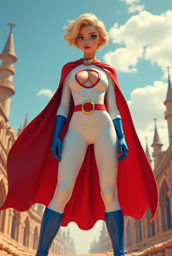 FULL BODY. A TEEN BUSTY FEMALE WITH SHORT BLONDE HAIR, BLUE EYES WEARING A WHITE TURTLE NECK LEOTARD WITH LONG SLEEVES, A LARGE ROUND CLEAVAGE CUT OUT HOLE ON THE CHEST, BLUE GLOVES, BLUE BOOTS, A RED BELT WITH A GOLD CIRCLE, A LONG RED CAPE ATTACHED AT THE NECK WITH ONE GOLD CIRCLE CLASP. (THICK ROUND PERKY BREASTS). ABSURD 8K RESOLUTION, DYNAMIC BACKGROUND.