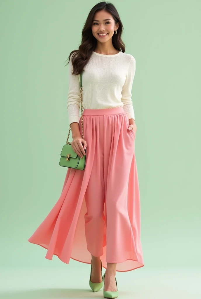 Create an outfit for a 24-year-old young woman, with medium texture with a white knit blouse, with a long pink skirt and light green heels with a light green bag