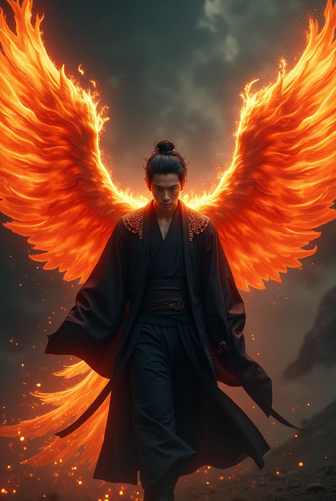 An Asian man with black hair and phoenix wings, that shine in shades of orange and red. His eyes radiate an intense, predatory heat., with Iromuji all black with fire detail 