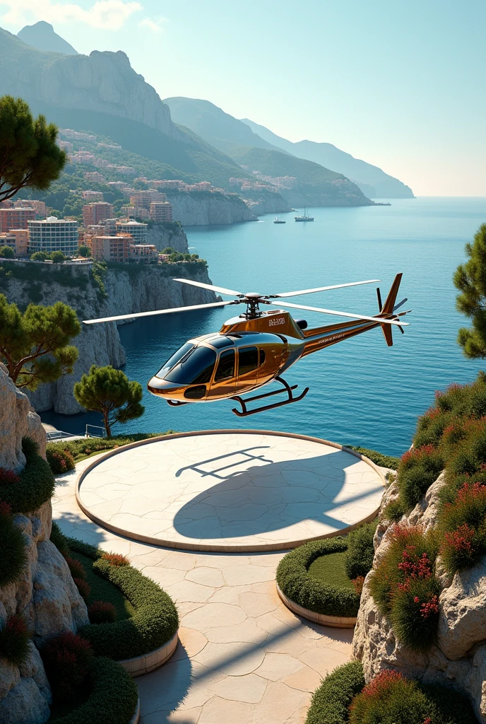 Create a luxury and exquisite helicopter landing in a Monaco landscape on a helipad 
