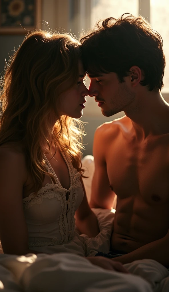Hogwart, hermione and harry sit on bed and look at each other, they are completely nude, sexual tension, hermione looks anorectic, beautiful, kiss, nude