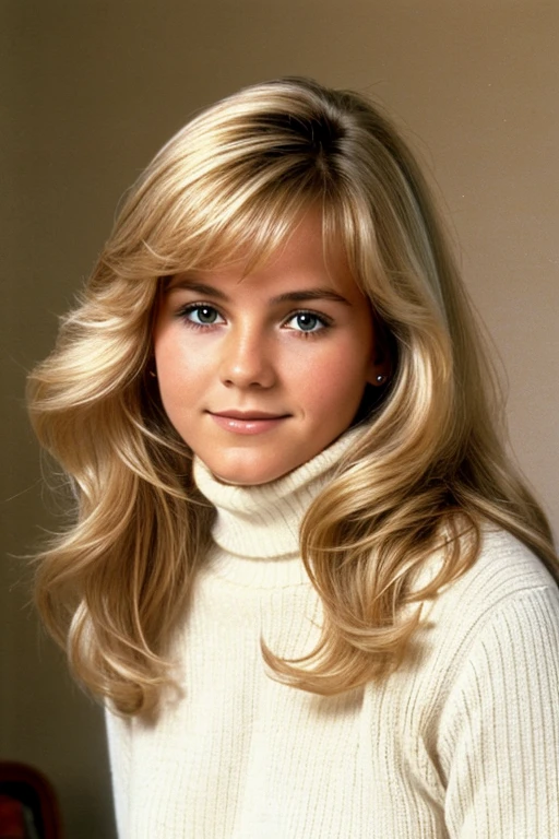 Medium view, of young aged, , mom, gilf, milf, face portrait, german features, chubby, long 1980s hair, blond hair, 1980s turtleneck sweater, in Small town 1980s,