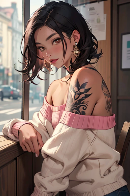 ((best quality)), ((masterpiece)), (detailed), 1girl, off-shoulder sweater, black hair, brown eyes, matte pink lips, left shoulder tattoo, body, small chest, alluring