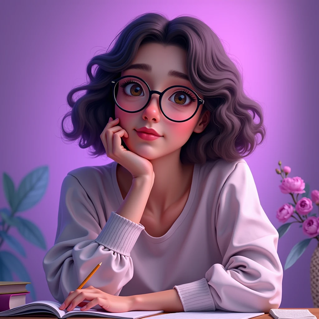 1080 x 1080 pixels
, shorth hair,curly, dark brown,Oval face,Caucasian skin,upturned nose and heart shaped mouth Wearing round glasses Writing With purple background, lilac and blue