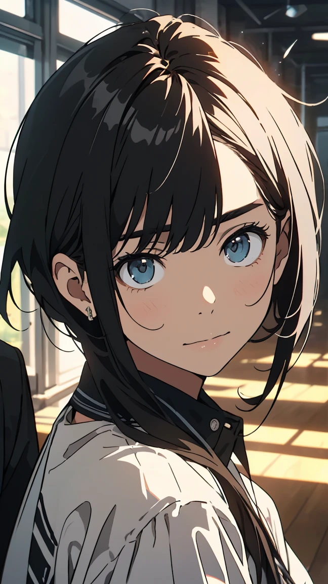 A young high school student, facing forward, with a gentle and refreshing expression, kind eyes, youthful face, and a warm smile. Wearing a white shirt, with short black hair in a center parting. (best quality,8k,high resolution,studio lighting,portrait,expressive,sharp focus,masterpiece)