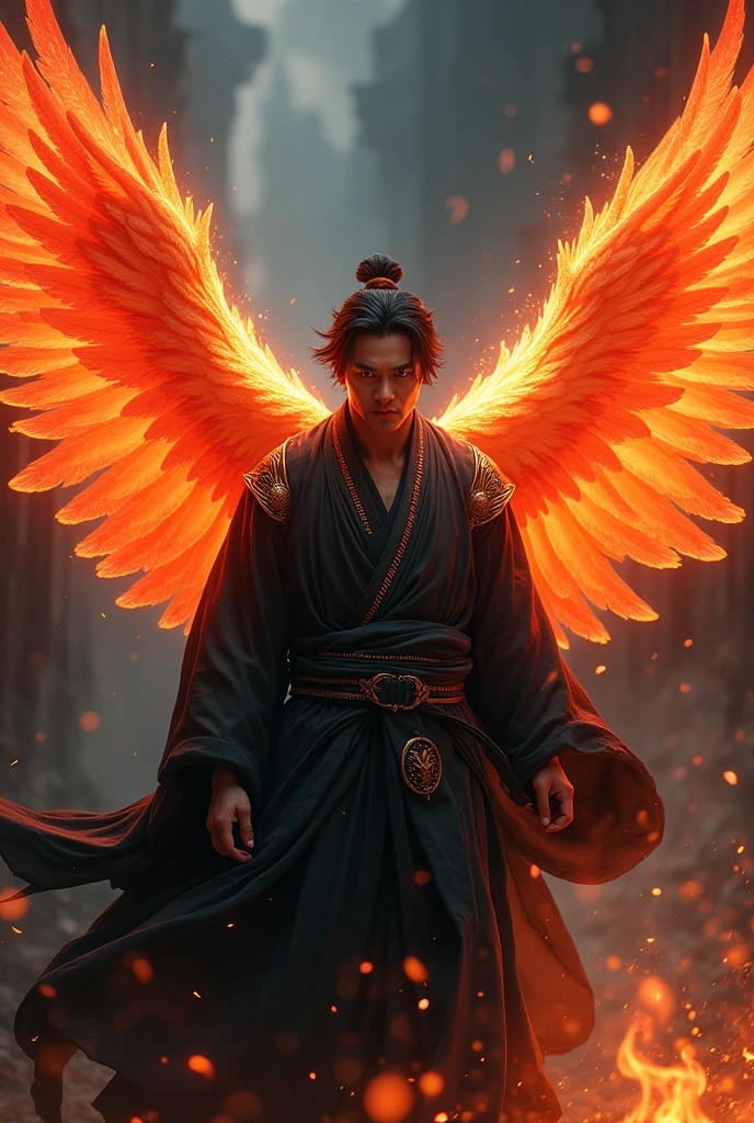 An Asian man with black hair and phoenix wings, that shine in shades of orange and red. His eyes radiate an intense, predatory heat., with Iromuji all black with fire detail