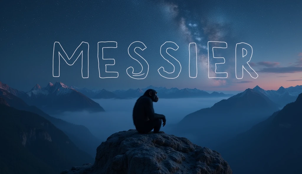 words "MESSIER" written in large letters with the font "creative " at the back of the screen where the sky meets the mountains , ((masterpiece, of the highest quality, Maximum image quality, High resolution, photorealistic, raw photo, 8k)), ((Extremely detailed 8k unified CG wallpaper)), In the middle of the night, A chimpanzee sits on a rock at the top of a mountain, looking at the stars, He comes up with a new idea about the origin of humanity, view from below,