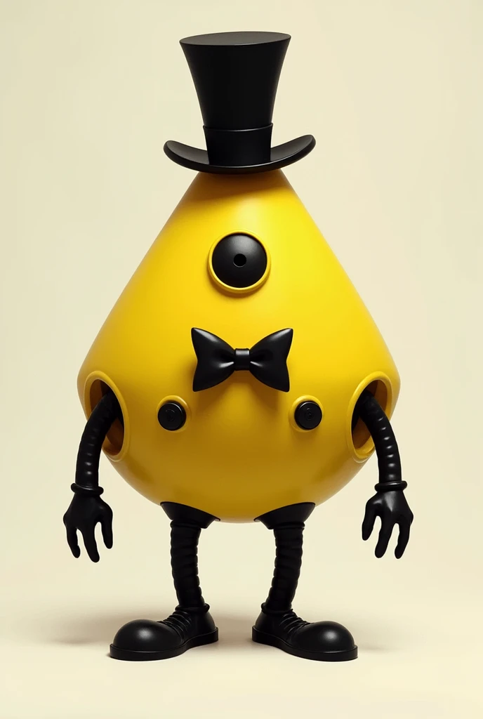 yellow triangle with one eye, 
black bowtie, black tophat and black limbs and breasts 
