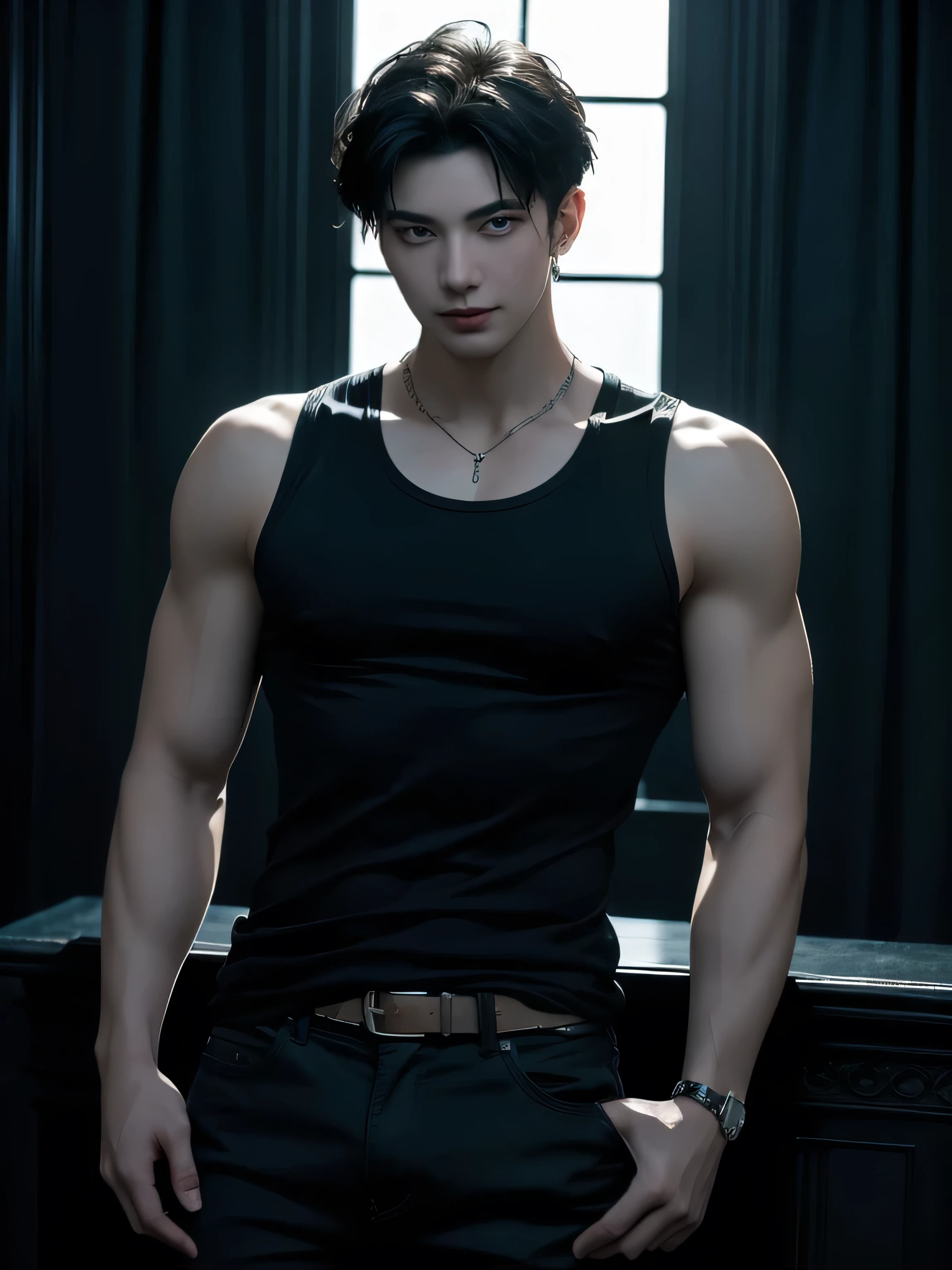 Cinematic composition of a charming and handsome young man in his 20s, wearing a men's black tank top and black jean pants. He has a stylish comma haircut, a perfectly sculpted physique, and glowing skin. The man poses confidently, flexing his arm with a cool smile. He stands in a dark photoshoot studio with a gothic theme, featuring deep shadows, ornate gothic decor, and dramatic lighting that enhances the moody atmosphere and highlights his striking presence, trending on ArtStation.