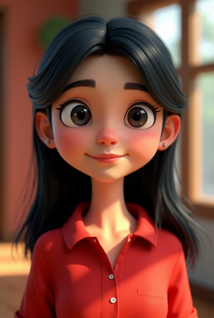 Cartoon characters of a young woman PEARLY SKIN STRAIGHT HAIR, long and black, WITH A SMALL NOSE EARRING AND A RED POLO SHIRT animation style rendering, 3D stylized, Arnold Maya rendering, Render 3D stylized, , 3D character, 3D character, Stylized 3D rendering, 3d character rendering, cartoon character, Close-up character, Character pose, (pixar style) (master part:1.2) (bokeh) (Best Quality) (detailed skin) (detailed texture) (8k) (clay) (cinematic lighting) (sharp focus