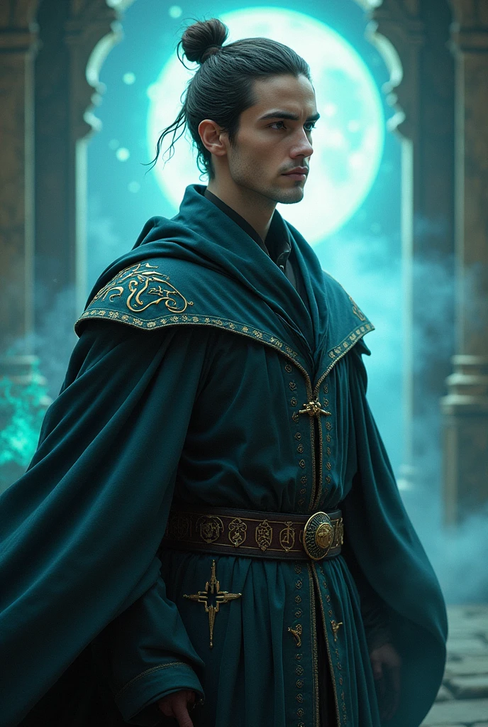 crie um homem, he's a wizard, He doesn't have a beard, he has his hair in a bun style